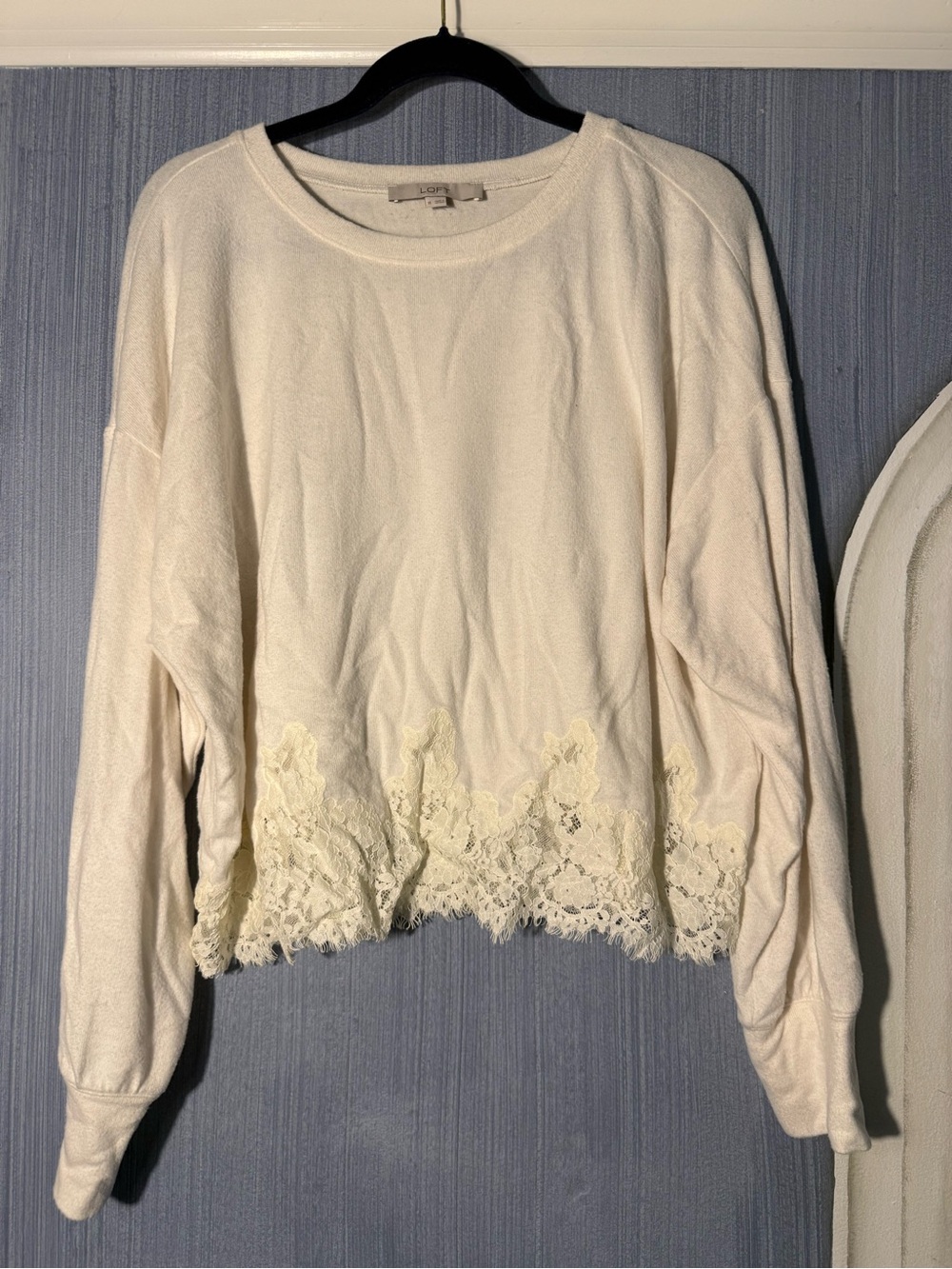 LOFT Lace Hem Buttery Soft Sweatshirt Long Sleeve Top Cream with lace hem XL